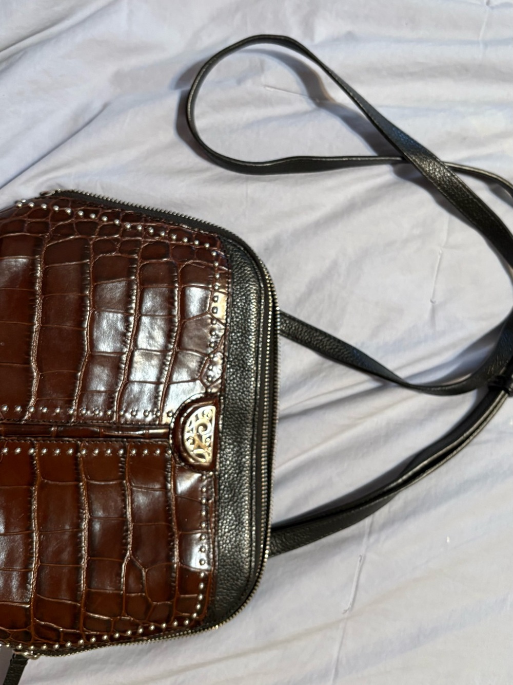 Brighton Brown Croc-Embossed Crossbody with Black Trim